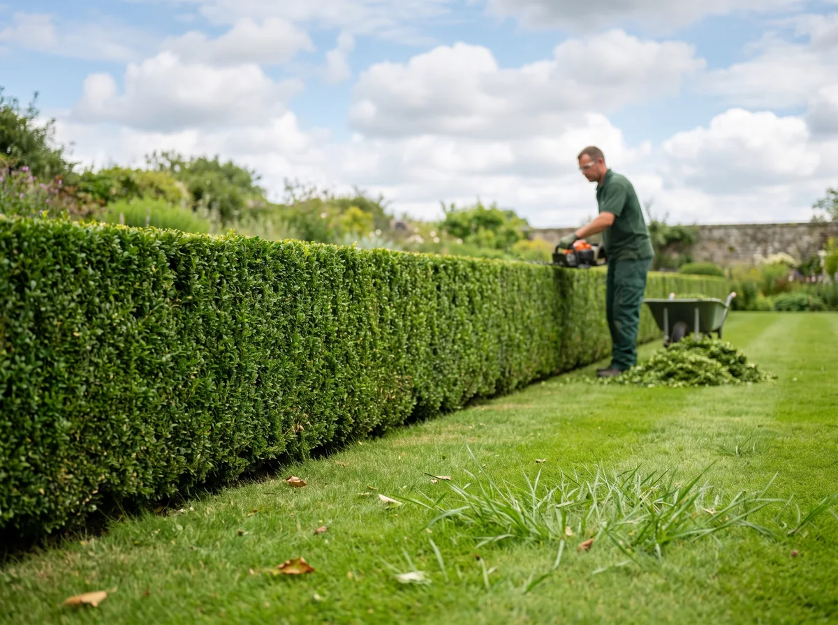 A long garden hedge cut back to a crisp flat top and straight sides.