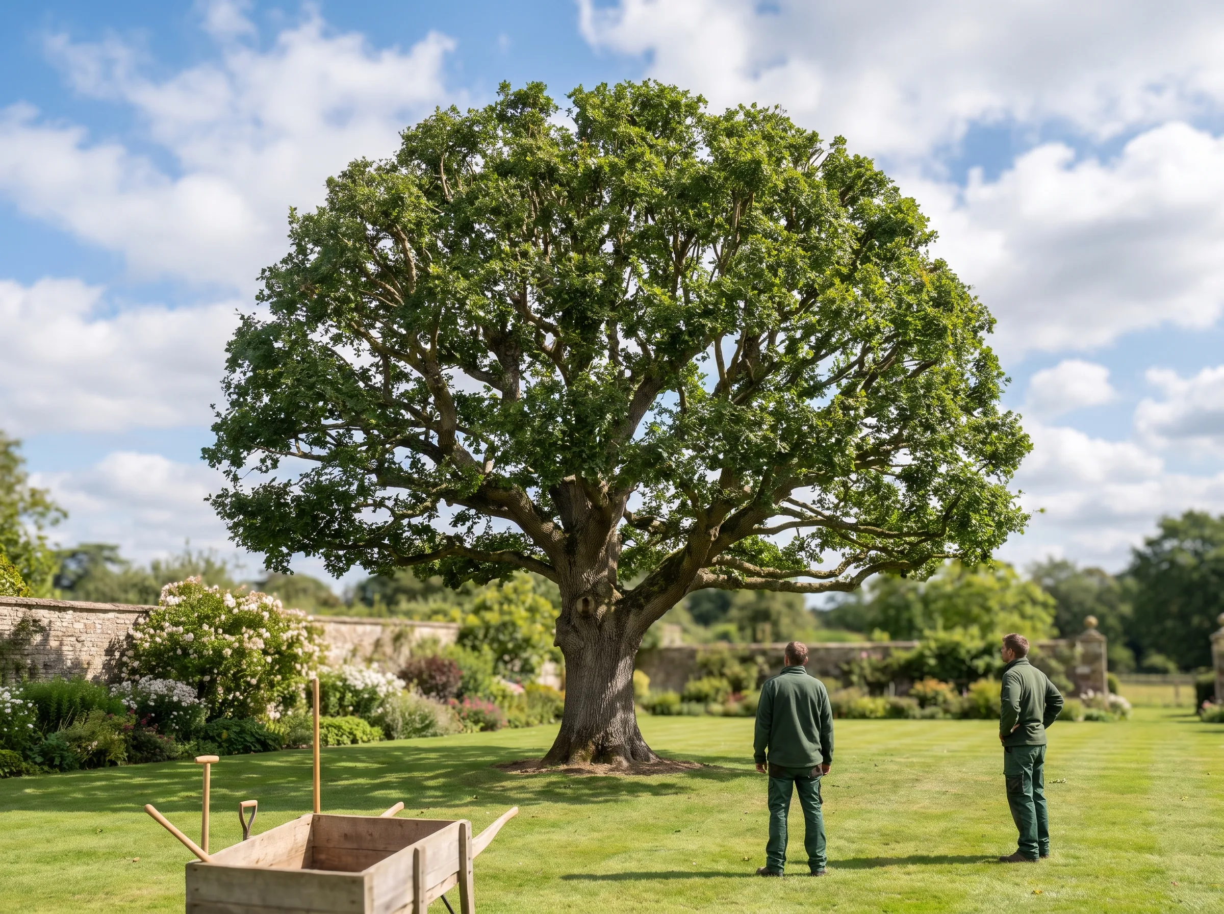 A mature oak in a large garden after a crown reduction