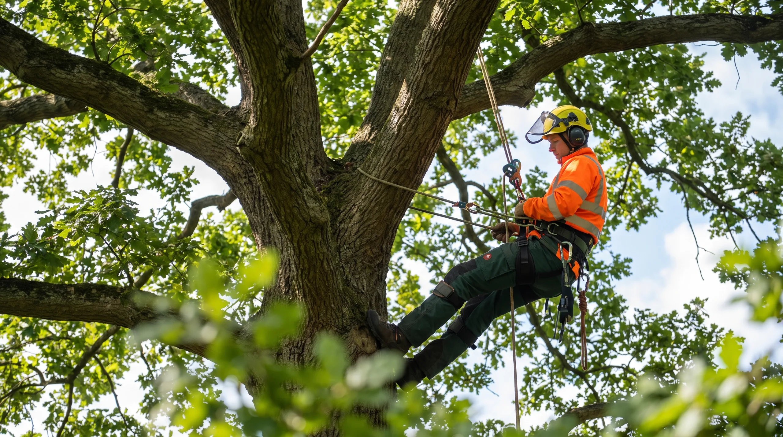 A tree surgeon working high in the canopy of a large mature oak
