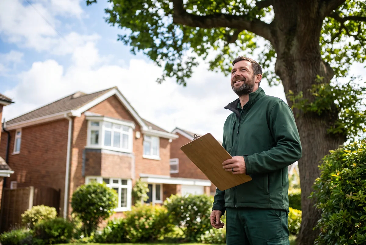 An arborist assessing a large tree in a front garden